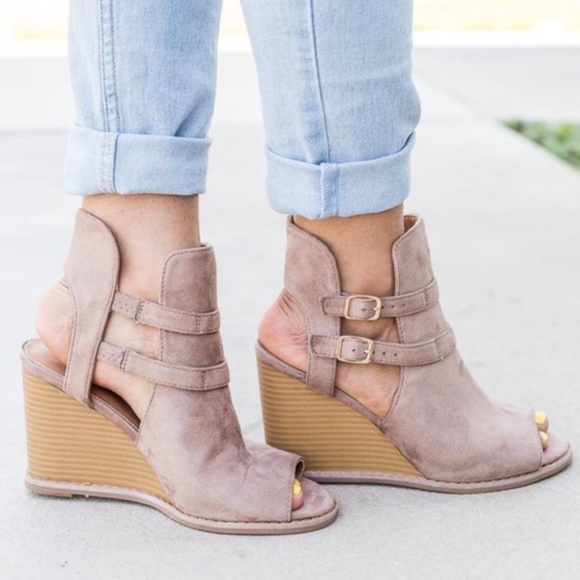 Taupe Vegan Suede Buckle Peep Toe Ankle Booties - Picture 1 of 3